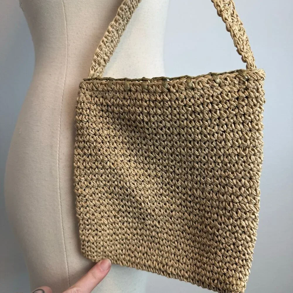 Vintage Tan Straw Floral Embroidery Purse Crossbody Woven Bag Flower